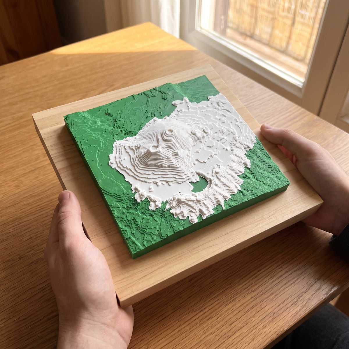Dos manos sosteniendo un mapa 3D en relieve del Teide de 15 × 15 cm sobre su tabla de pino