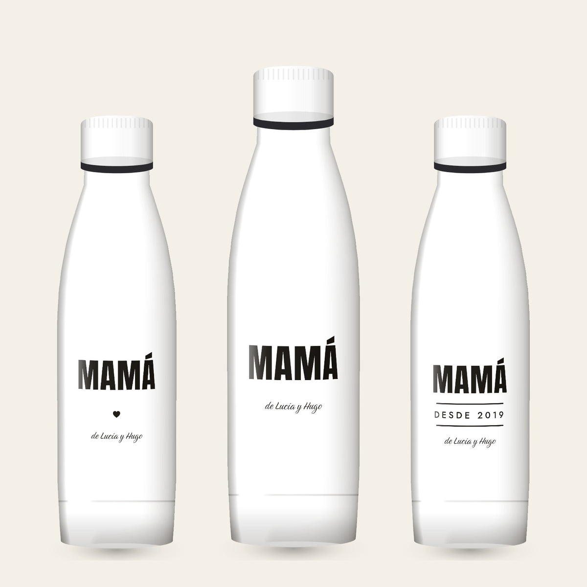 Tres botellas de 700 ml con la palabra MAMÁ: en grande, con corazón y desde tu año