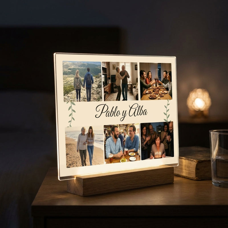 Placa de metacrilato personalizada con seis fotos encendida sobre la base de madera con luz LED, en una mesilla de noche