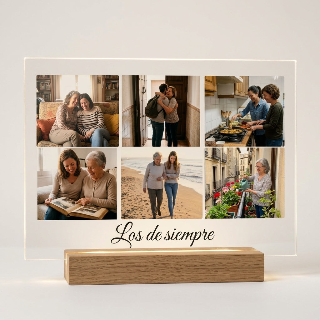 Placa de metacrilato personalizada con seis fotos sobre su base de luz, foto de estudio sobre fondo neutro
