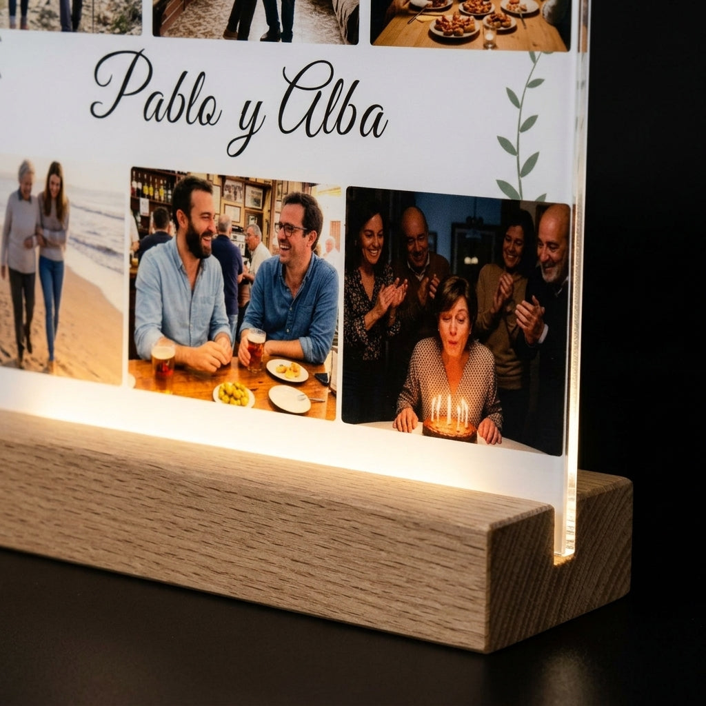 Detalle de la base de madera con luz LED de la placa de metacrilato personalizada con seis fotos