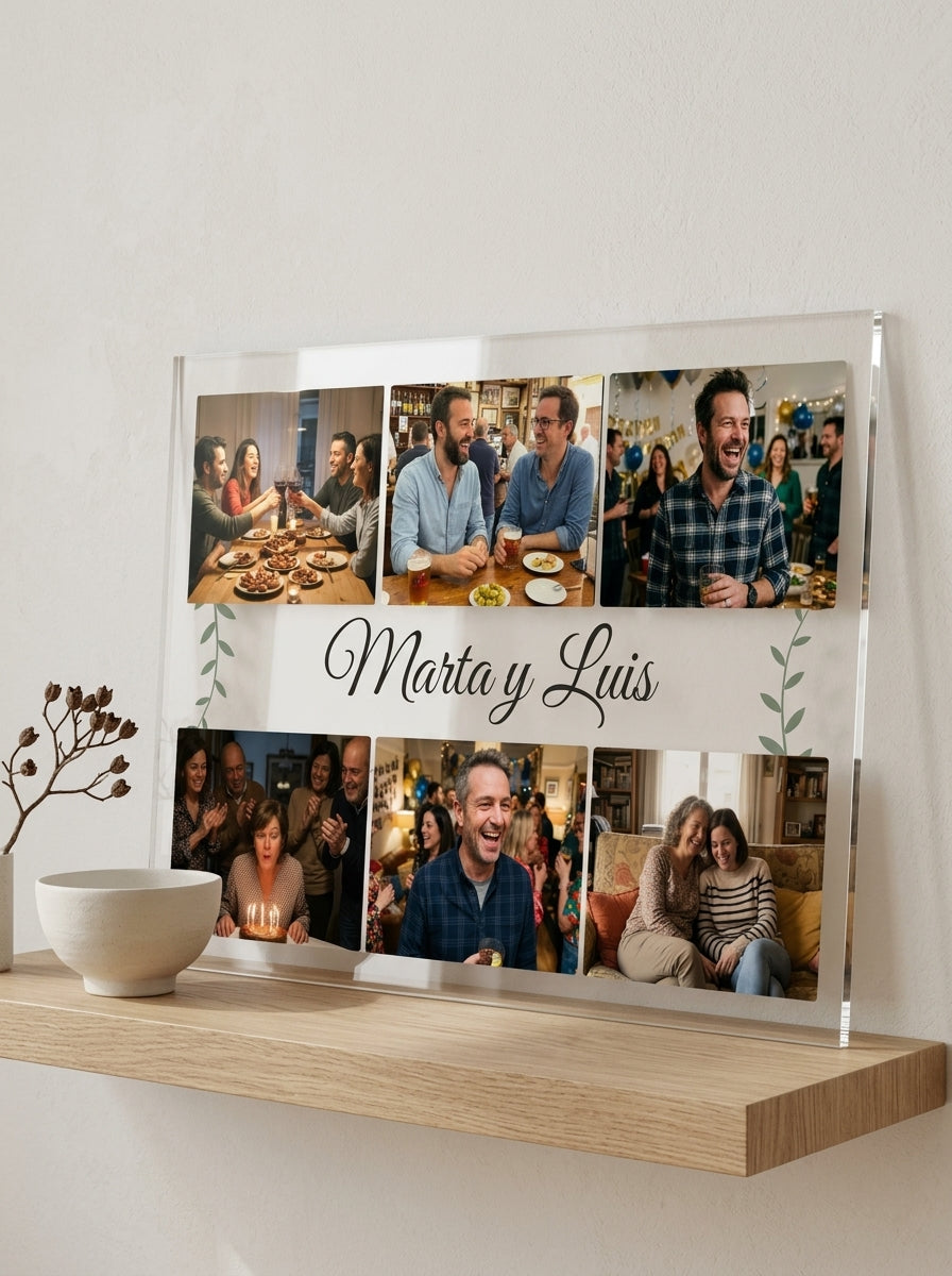 Placa de metacrilato personalizada con seis fotos apoyada en una balda de roble junto a una rama seca
