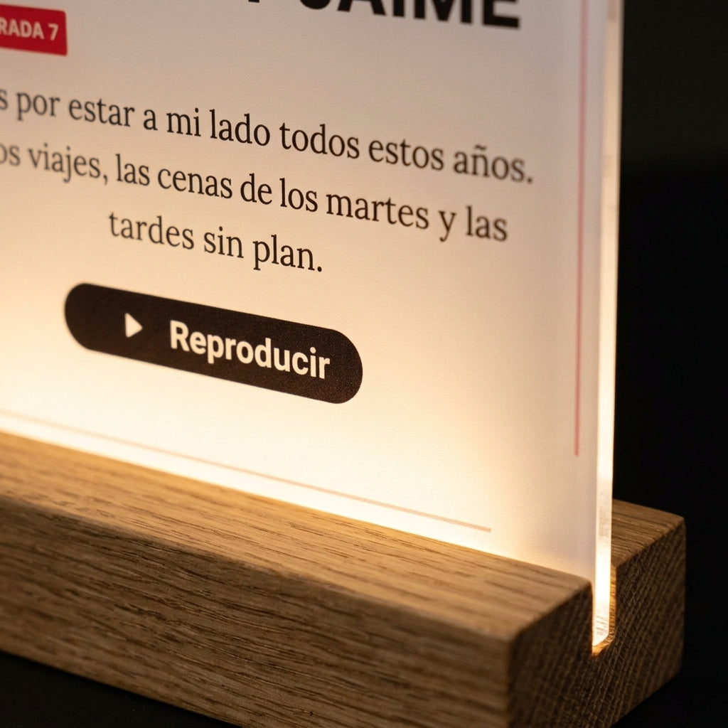 Detalle de la base de madera con luz LED de la placa de metacrilato personalizada con vuestra historia en estilo serie