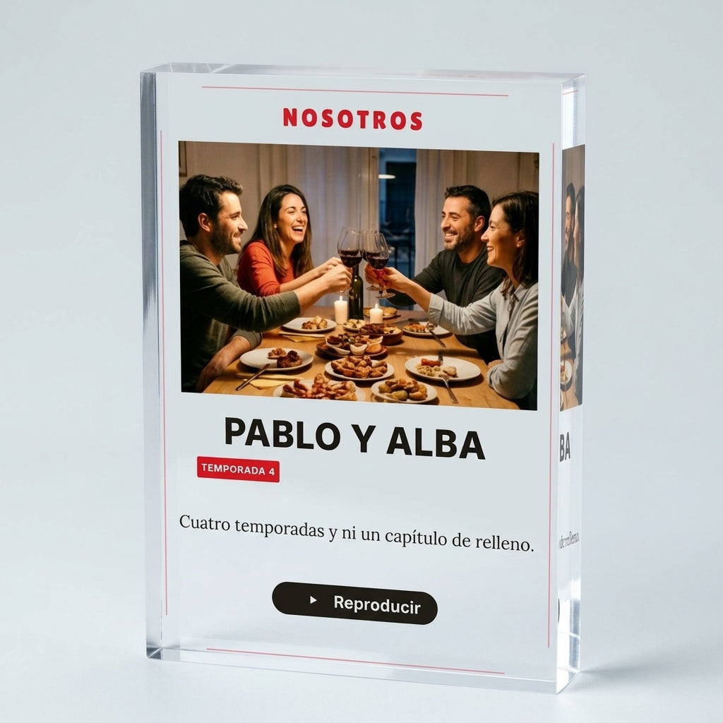 Bloque macizo de 2 cm de la placa de metacrilato personalizada con vuestra historia en estilo serie, visto de canto