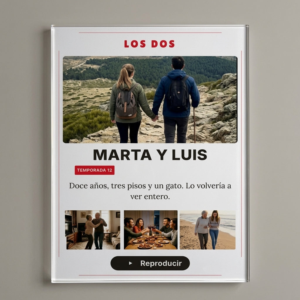 Detalle del canto pulido y de la impresión UV de la placa de metacrilato personalizada con vuestra historia en estilo serie