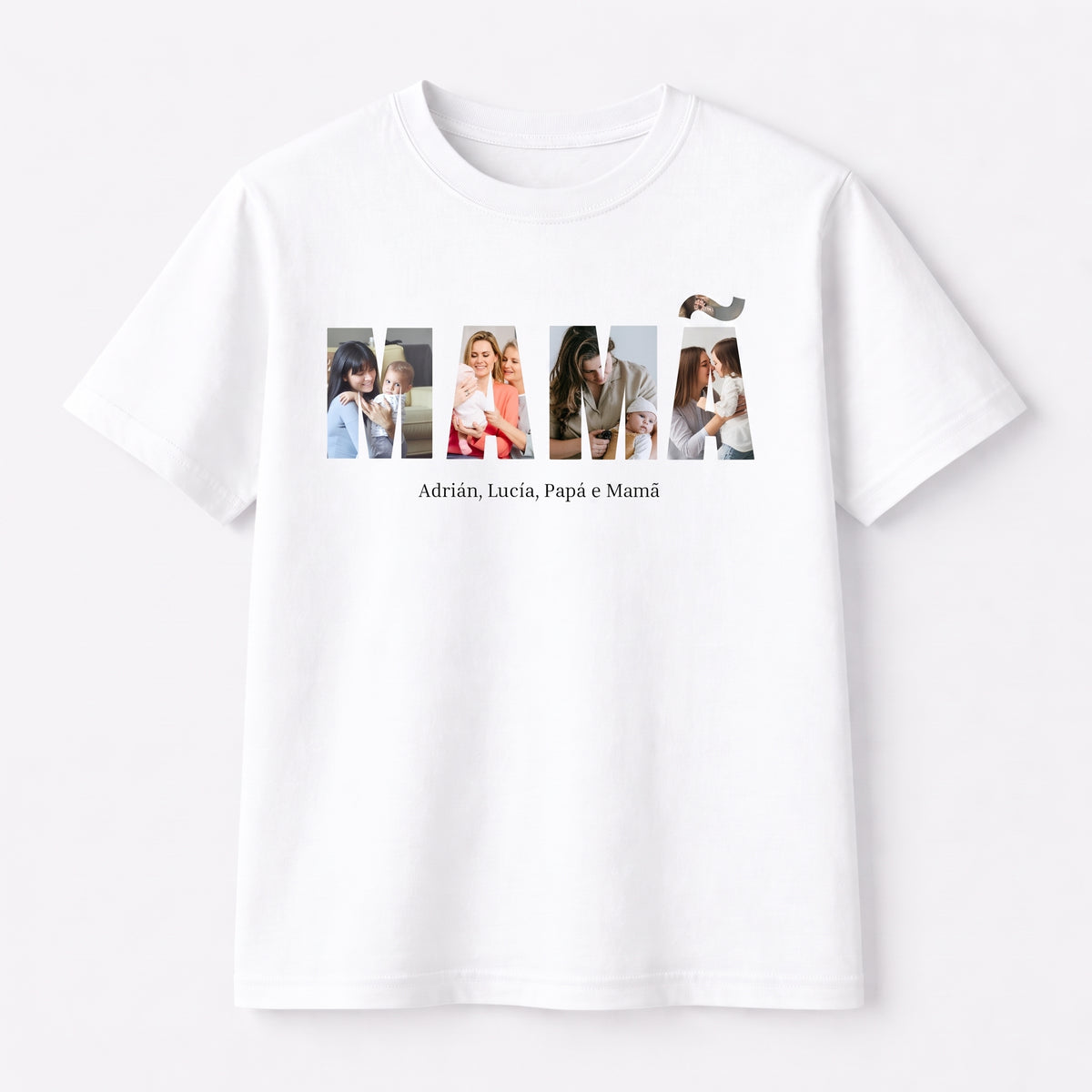 Camiseta blanca personalizada con cuatro fotos en polaroid y los nombres de la familia