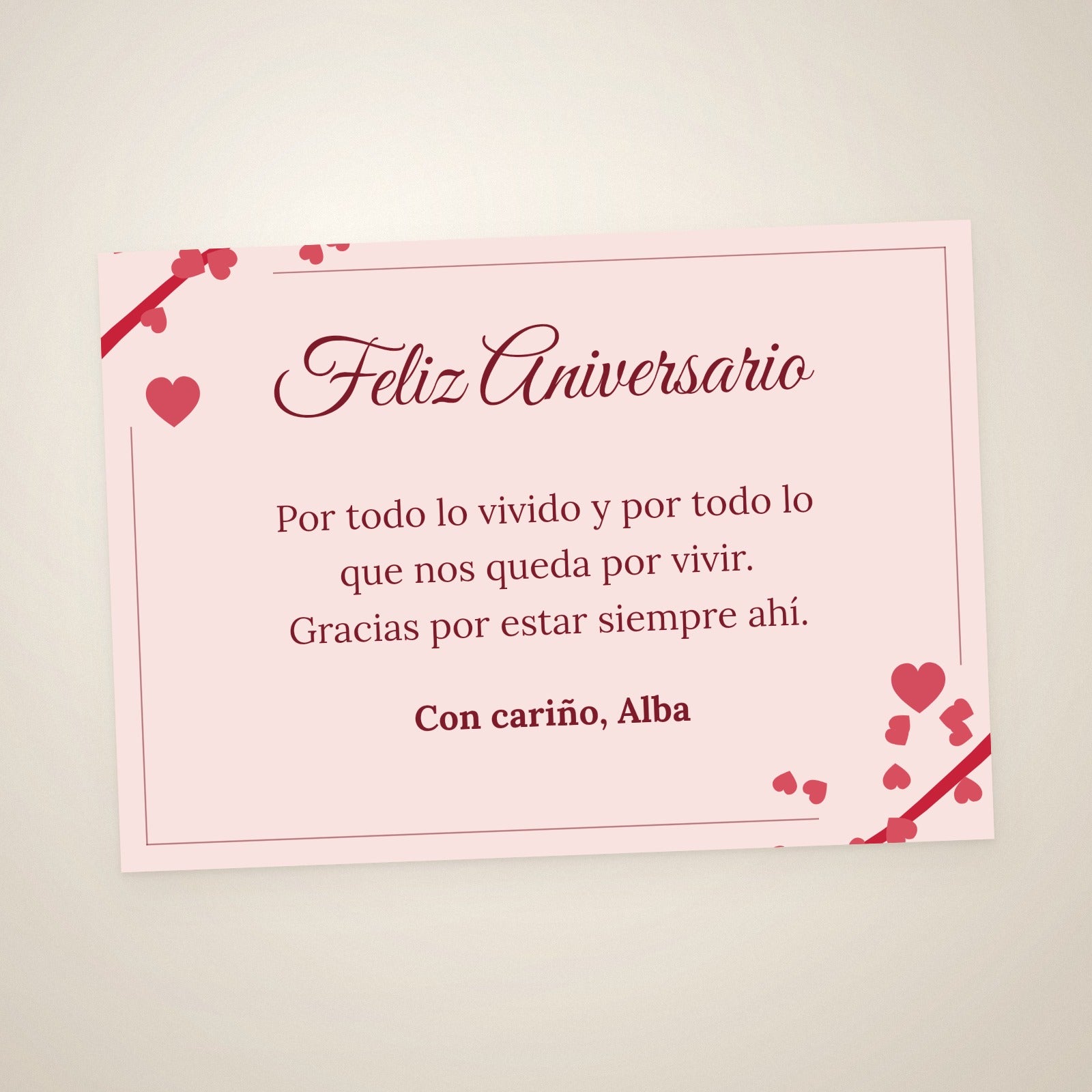 Tarjeta de dedicatoria de aniversario, A6 apaisada, con corazones