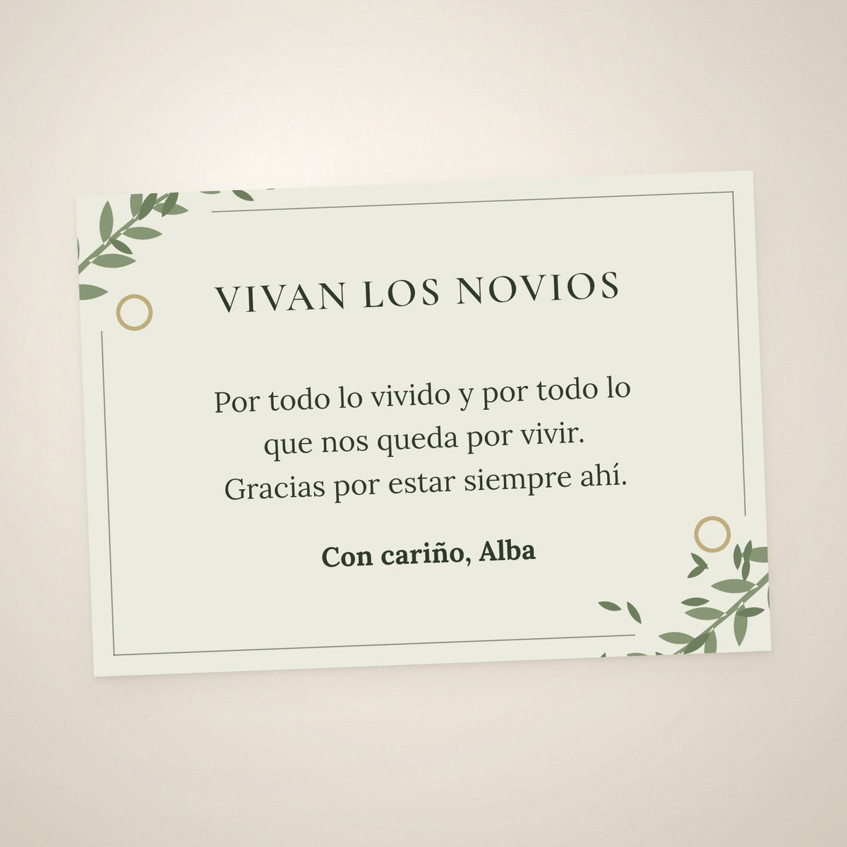 Tarjeta de dedicatoria de boda, A6 apaisada, con anillos y follaje