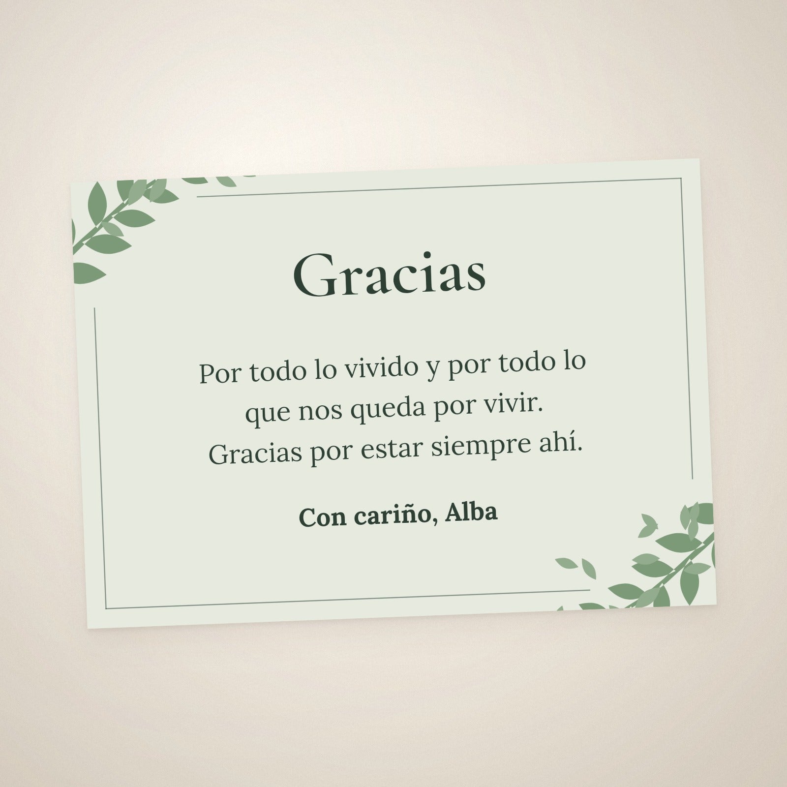 Tarjeta de dedicatoria de agradecimiento, A6 apaisada, con follaje verde