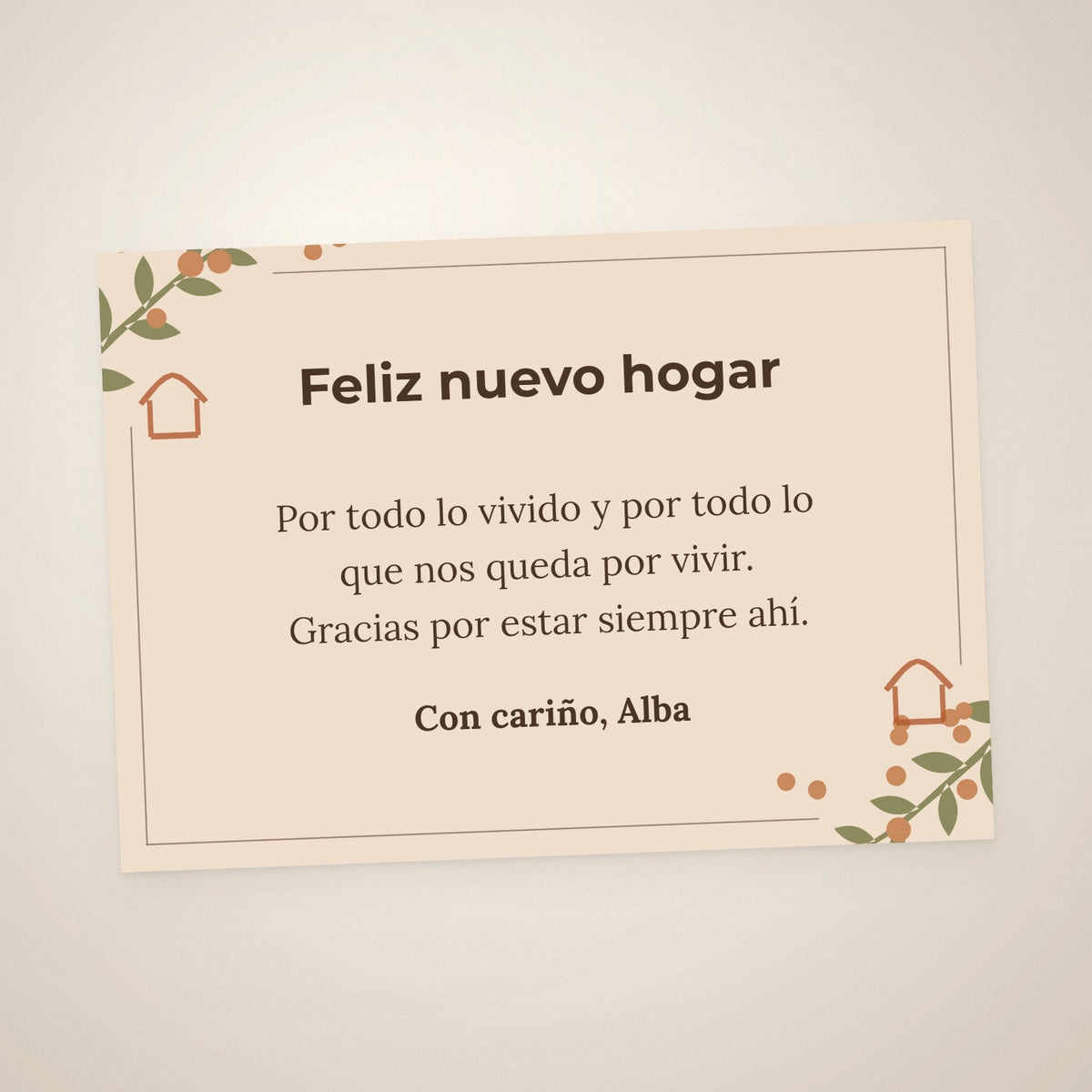 Tarjeta de dedicatoria de nuevo hogar, A6 apaisada, con casitas y follaje