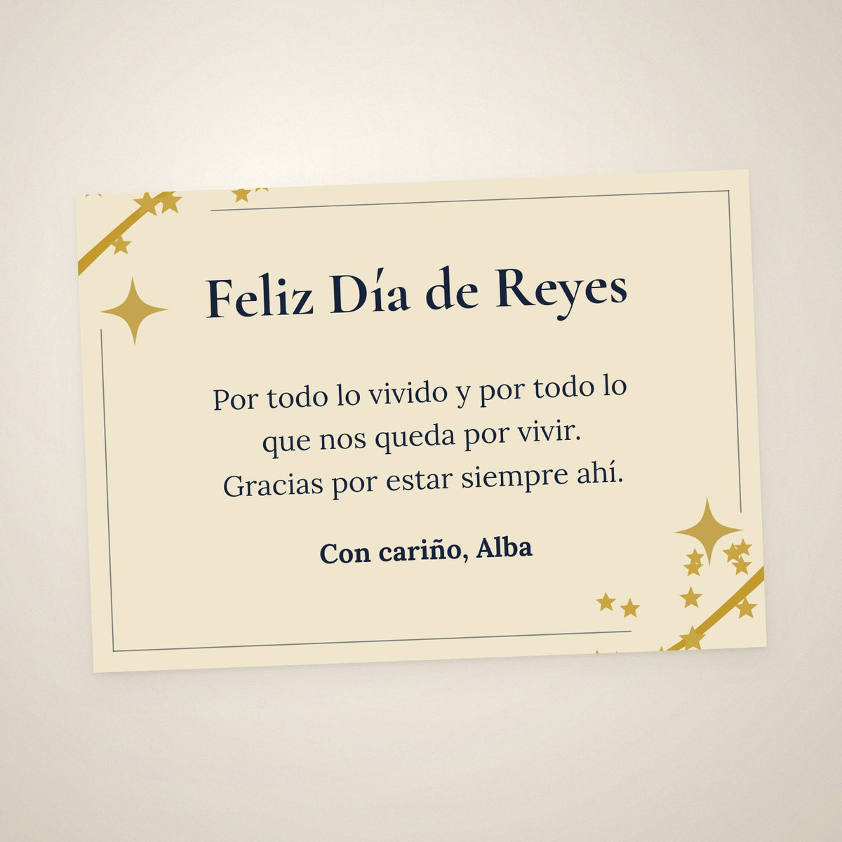 Tarjeta de dedicatoria del Día de Reyes, A6 apaisada, con estrellas doradas