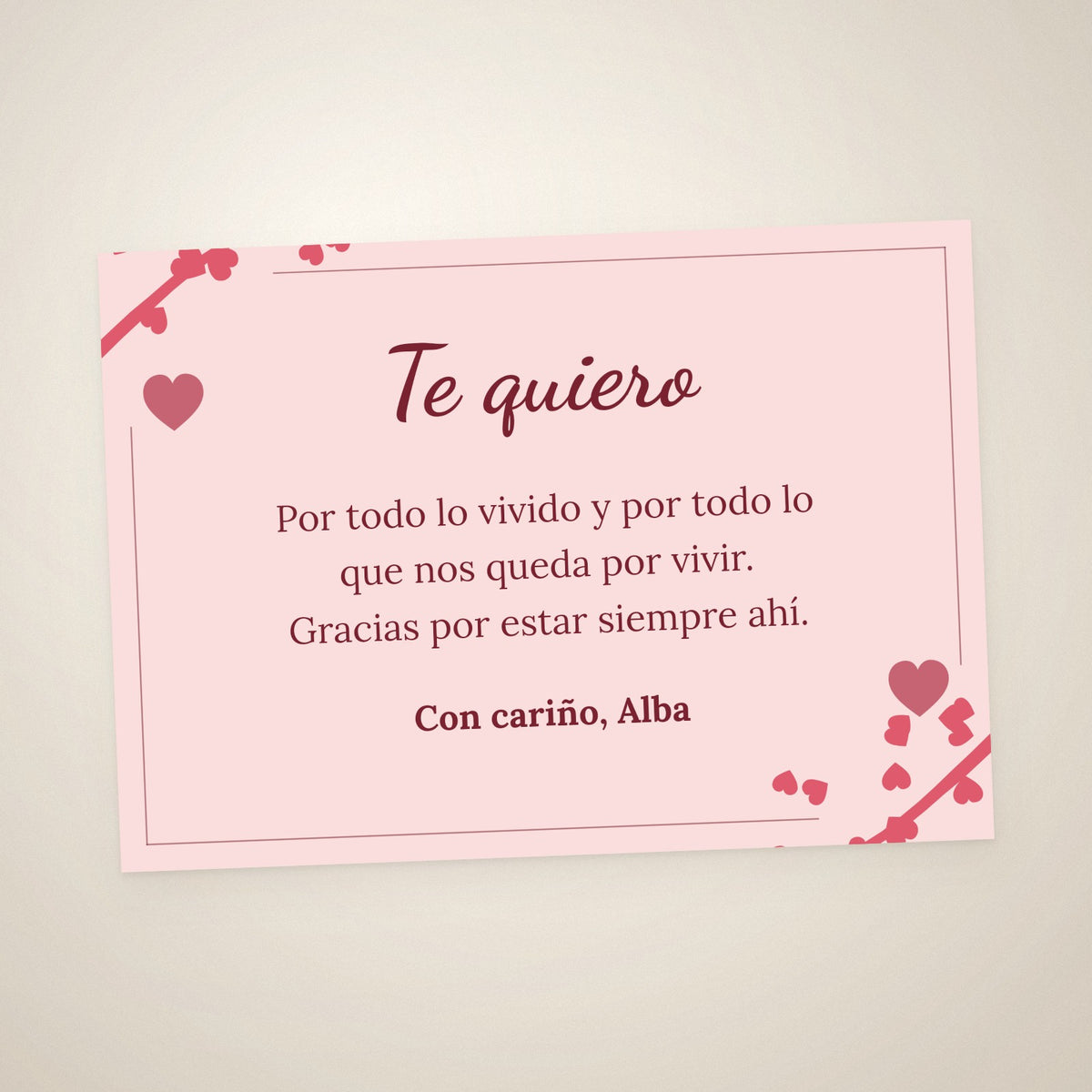 Tarjeta de dedicatoria «Te quiero», A6 apaisada, con corazones