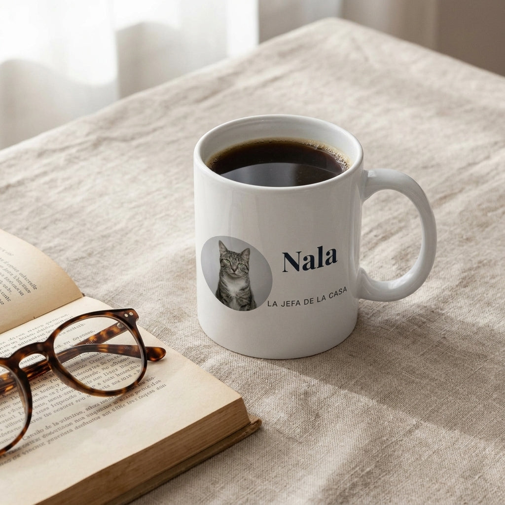 Taza personalizada de mascota llena de café, vista cenital sobre un mantel de lino