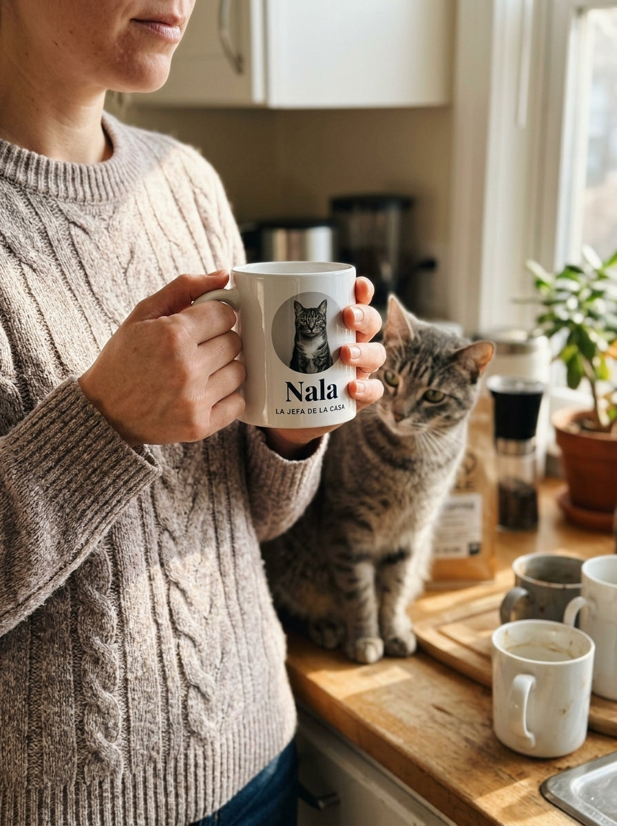 Mujer sosteniendo la taza personalizada de su gato en la cocina