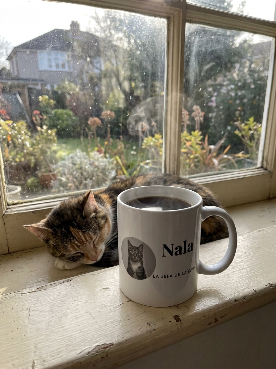 Taza personalizada con la cara del gato en el alféizar, junto al gato dormido