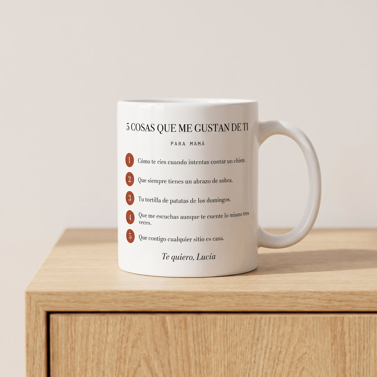 Taza «5 cosas que me gustan de ti» personalizada con cinco frases numeradas