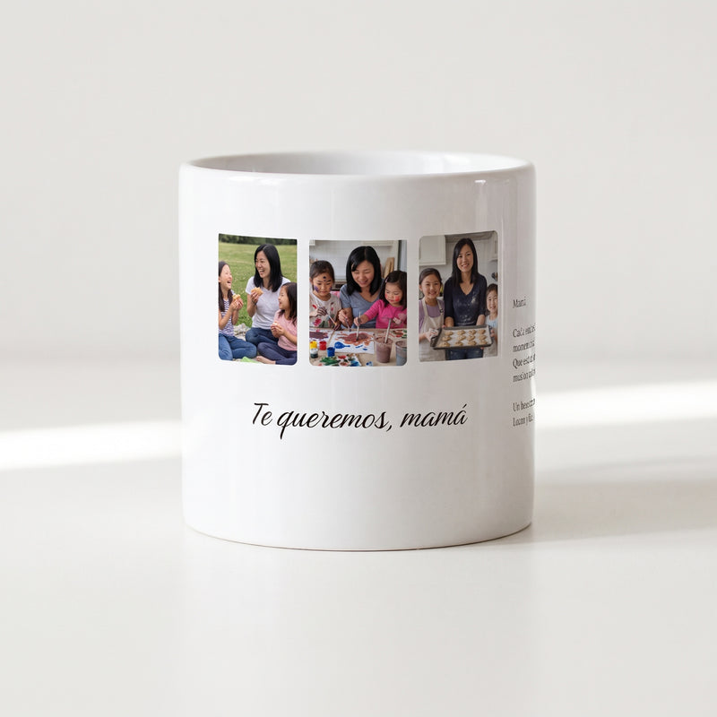 Taza con 3 fotos para mamá personalizada (Te queremos, mamá), con una carta en el costado