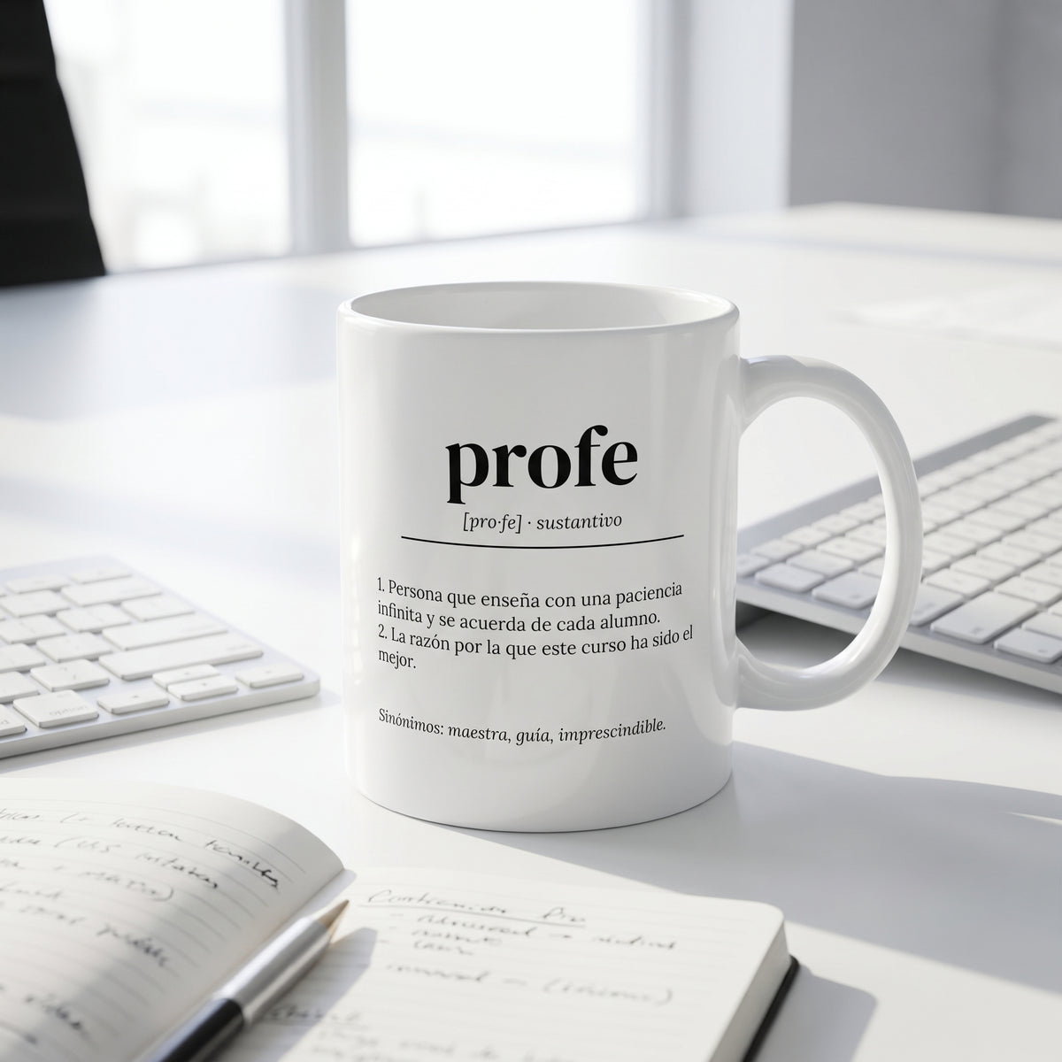 Taza con definición personalizada en una mesa de oficina con luz natural