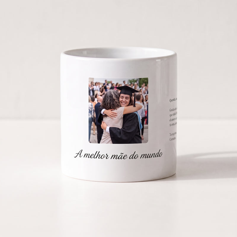 Taza La mejor madre del mundo con foto personalizada (La mejor madre del mundo), con una carta en el costado