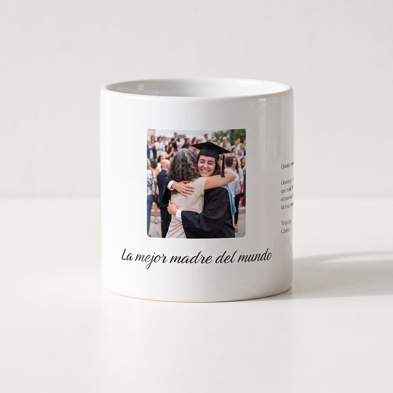 Taza La mejor madre del mundo con foto personalizada (La mejor madre del mundo), con una carta en el costado