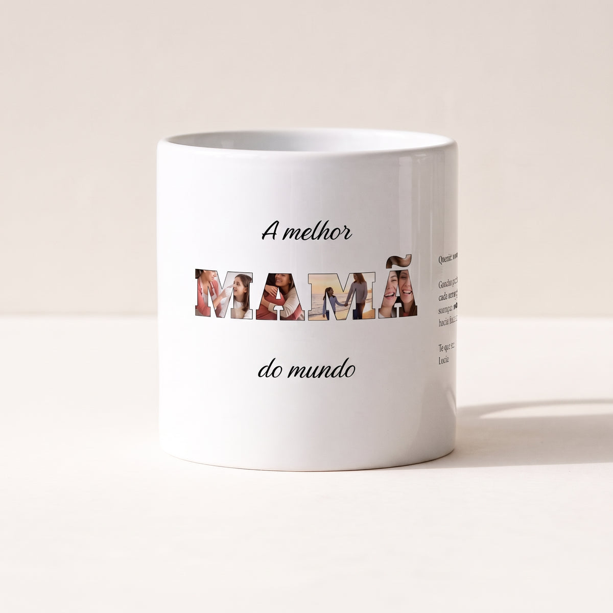 Taza La mejor MAMÁ del mundo con fotos personalizada (MAMÁ · La mejor · del mundo), con una carta en el costado