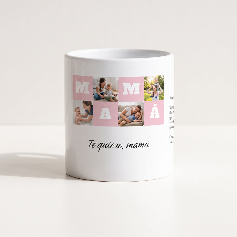 Taza MAMÁ con 4 fotos personalizada (Te quiero, mamá), con una carta en el costado