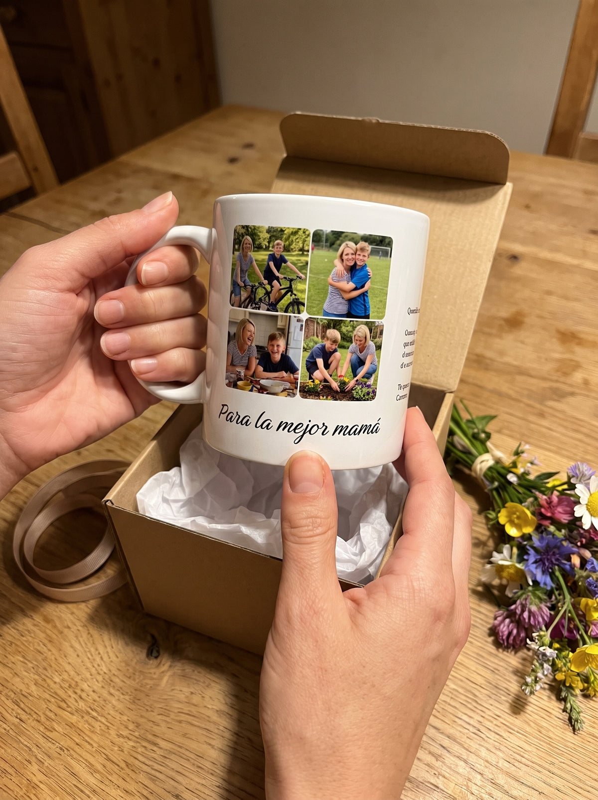 Taza MAMÁ con 4 fotos (Para la mejor mamá): sacada de su caja de regalo