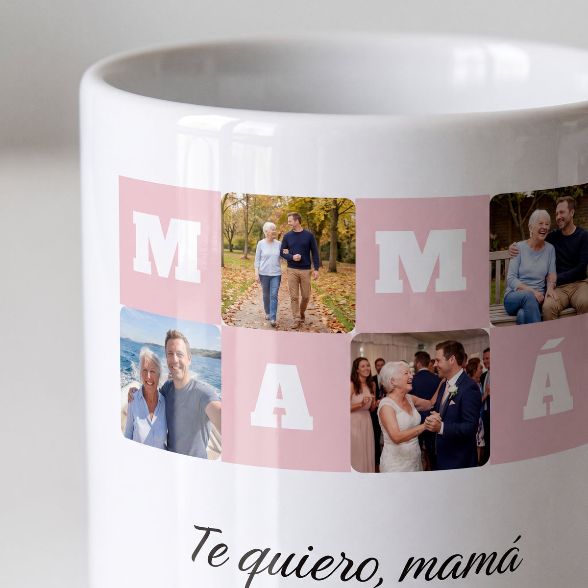 Taza MAMÁ con 4 fotos (Te quiero, mamá): detalle de la impresión sobre la cerámica