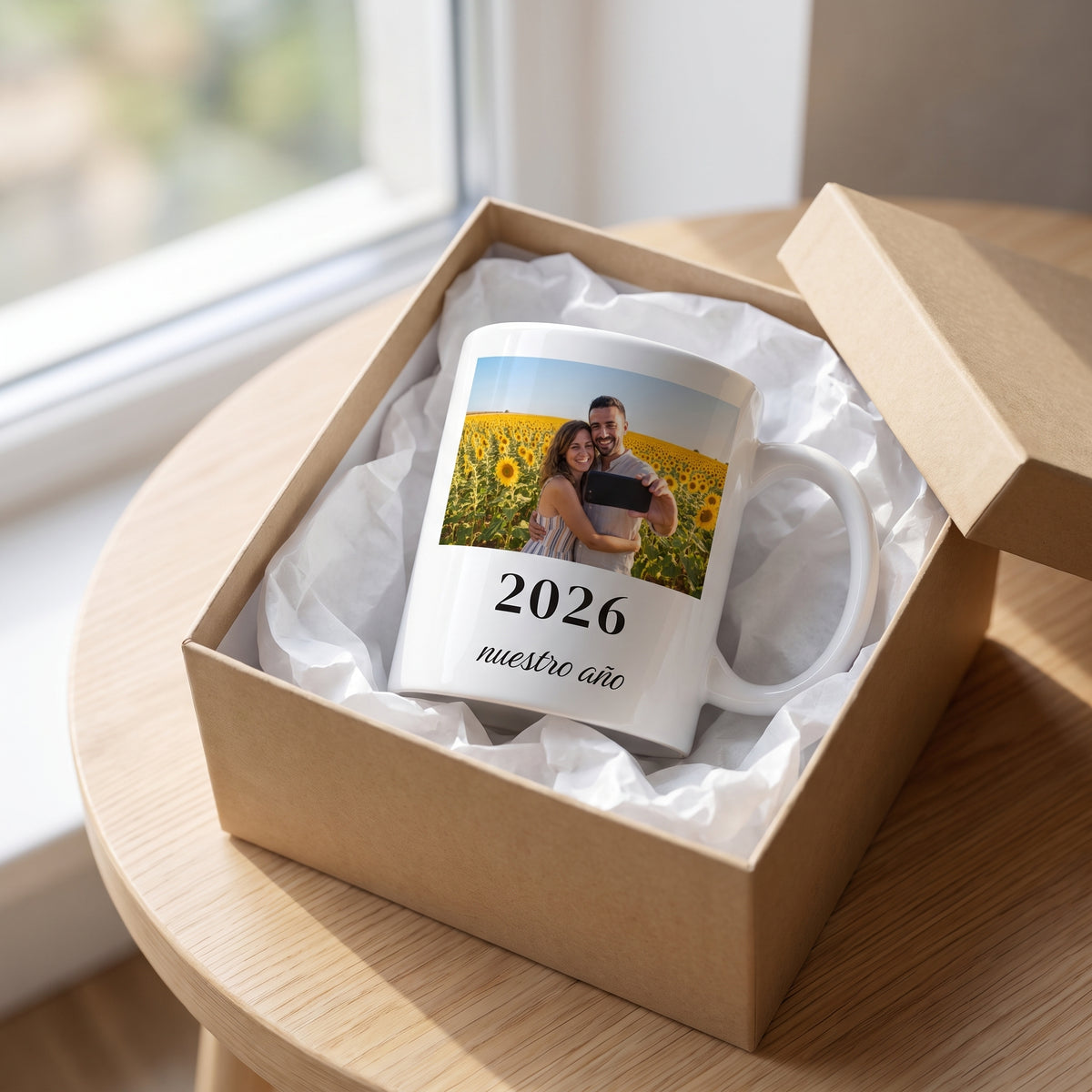 Taza con foto personalizada dentro de una caja de regalo