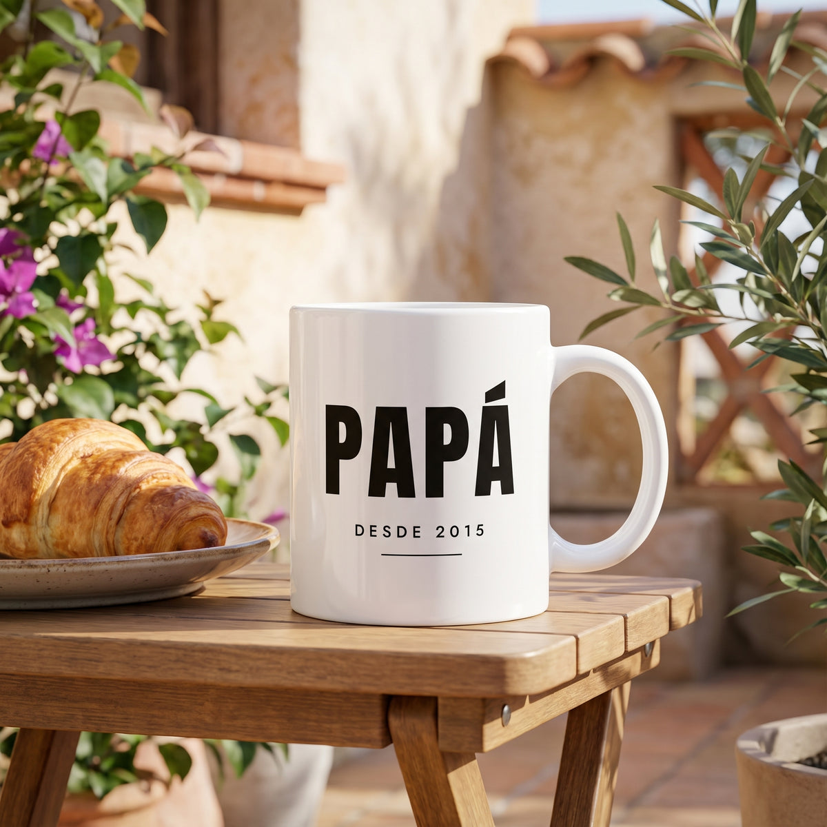 Caneca personalizada para papá en una terraza por la amanhã