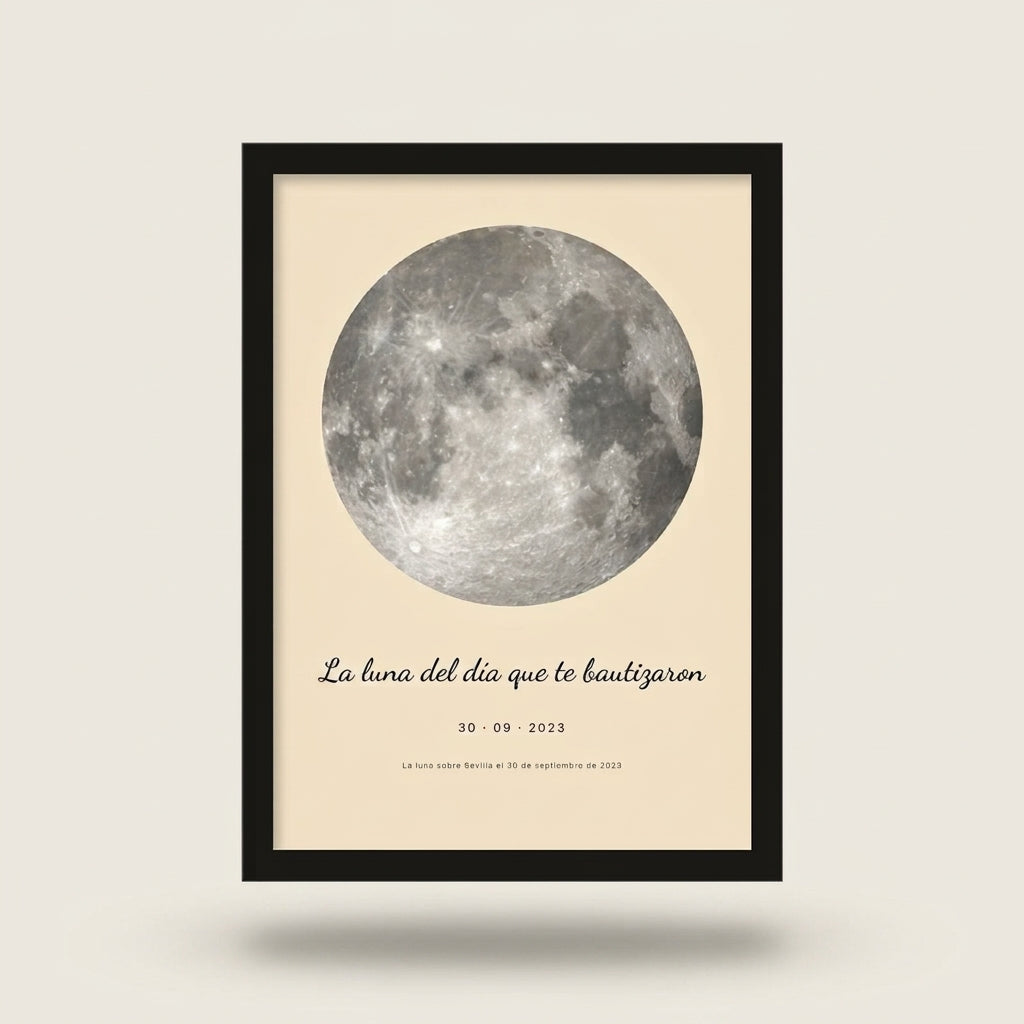 Cuadro fase lunar personalizado de bautizo con marco negro, foto de estudio sobre fondo neutro