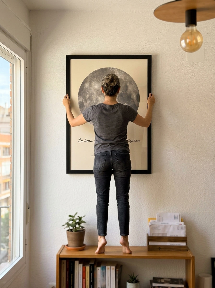 Colgando el cuadro fase lunar personalizado de bautizo en la pared de casa