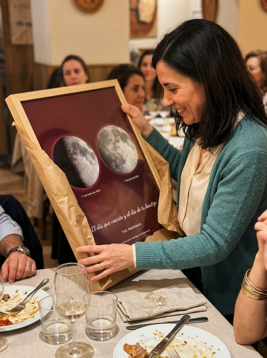 Abriendo el regalo del cuadro fase lunar personalizado de bautizo en una comida familiar