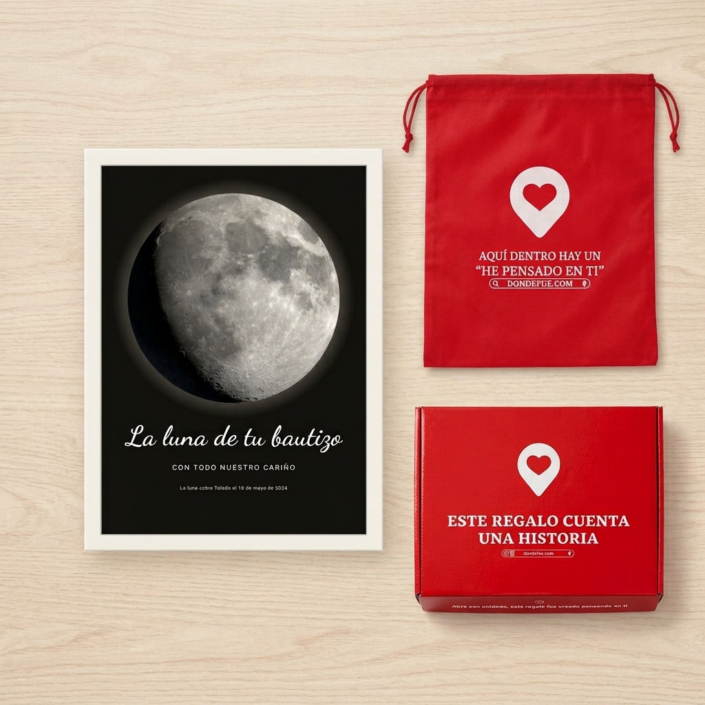 Cuadro fase lunar personalizado de bautizo junto a la caja y la bolsa de regalo de Donde Fue