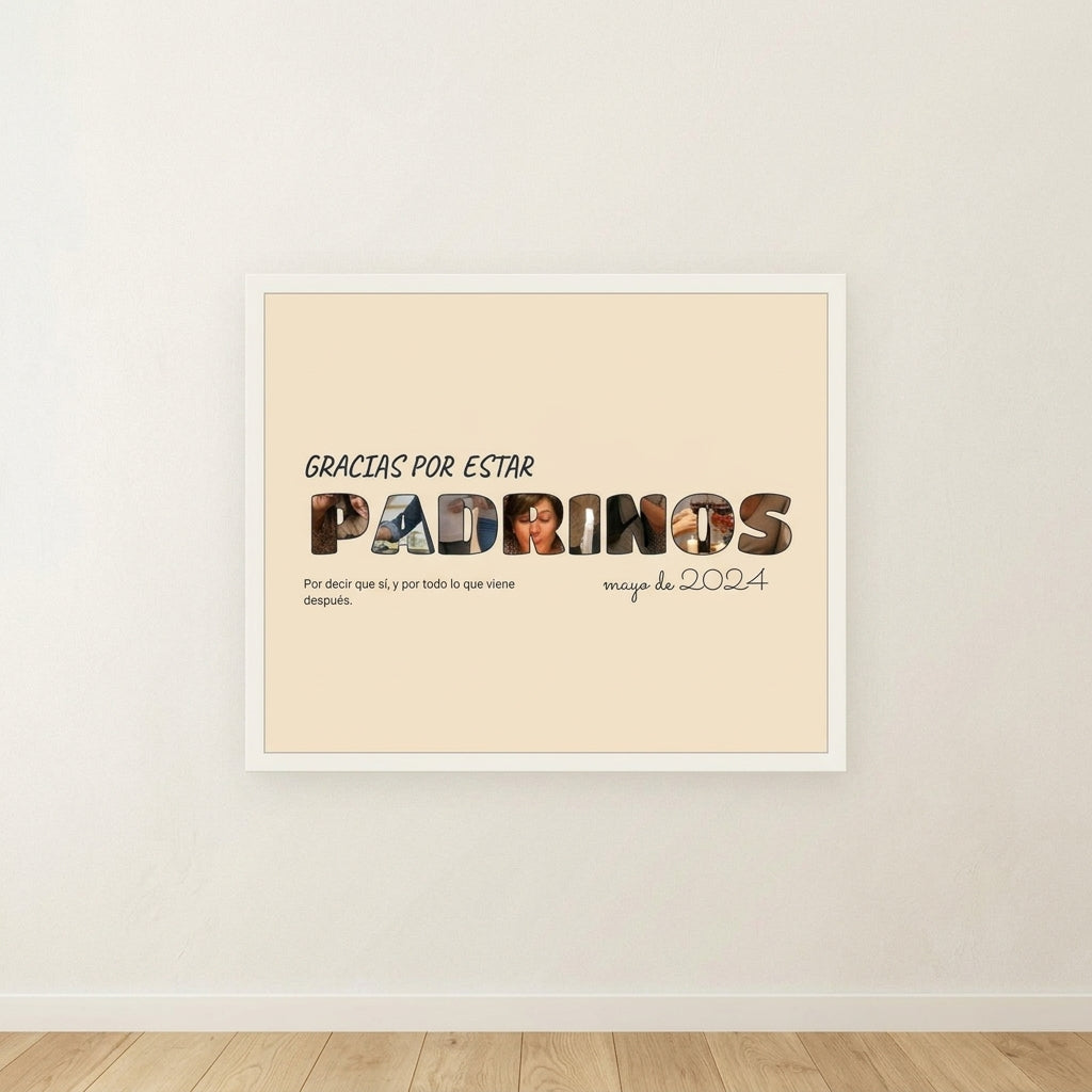 Cuadro letras con fotos personalizado de bautizo con una foto dentro de cada letra de PADRINOS, colgado en una pared clara