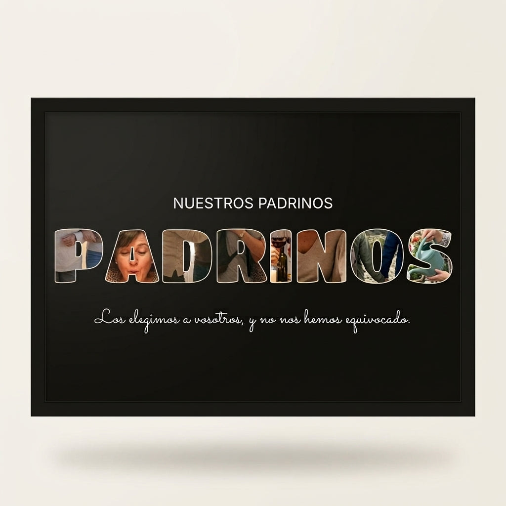 Cuadro letras con fotos personalizado de bautizo con marco negro, foto de estudio sobre fondo neutro