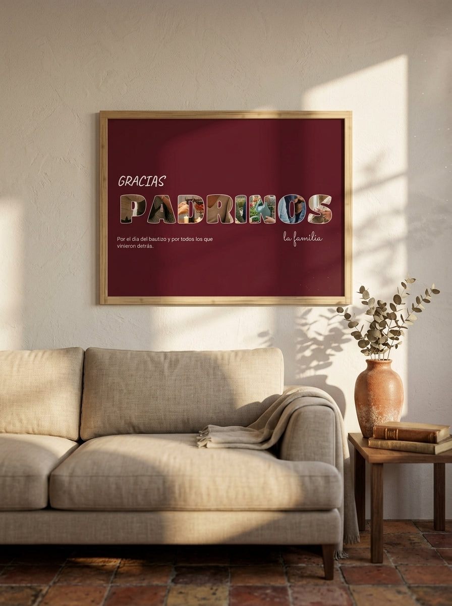 Cuadro letras con fotos personalizado de bautizo colgado sobre un sofá de lino en un salón cálido