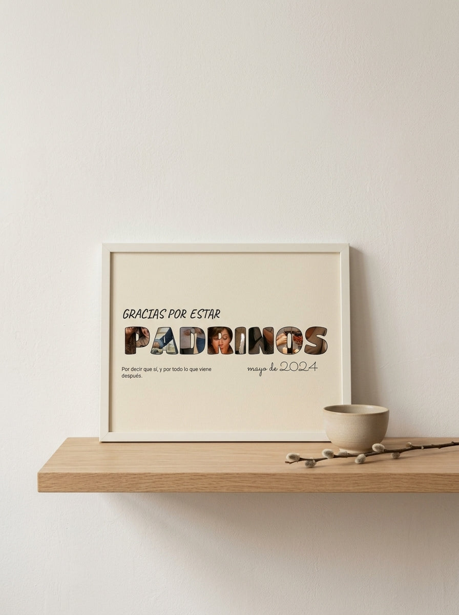 Cuadro letras con fotos personalizado de bautizo apoyado en una balda de roble junto a una rama seca