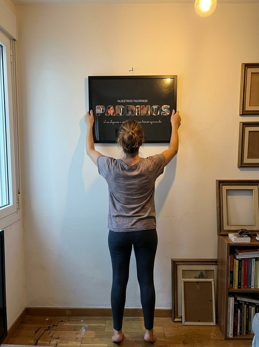 Colgando el cuadro letras con fotos personalizado de bautizo en la pared de casa