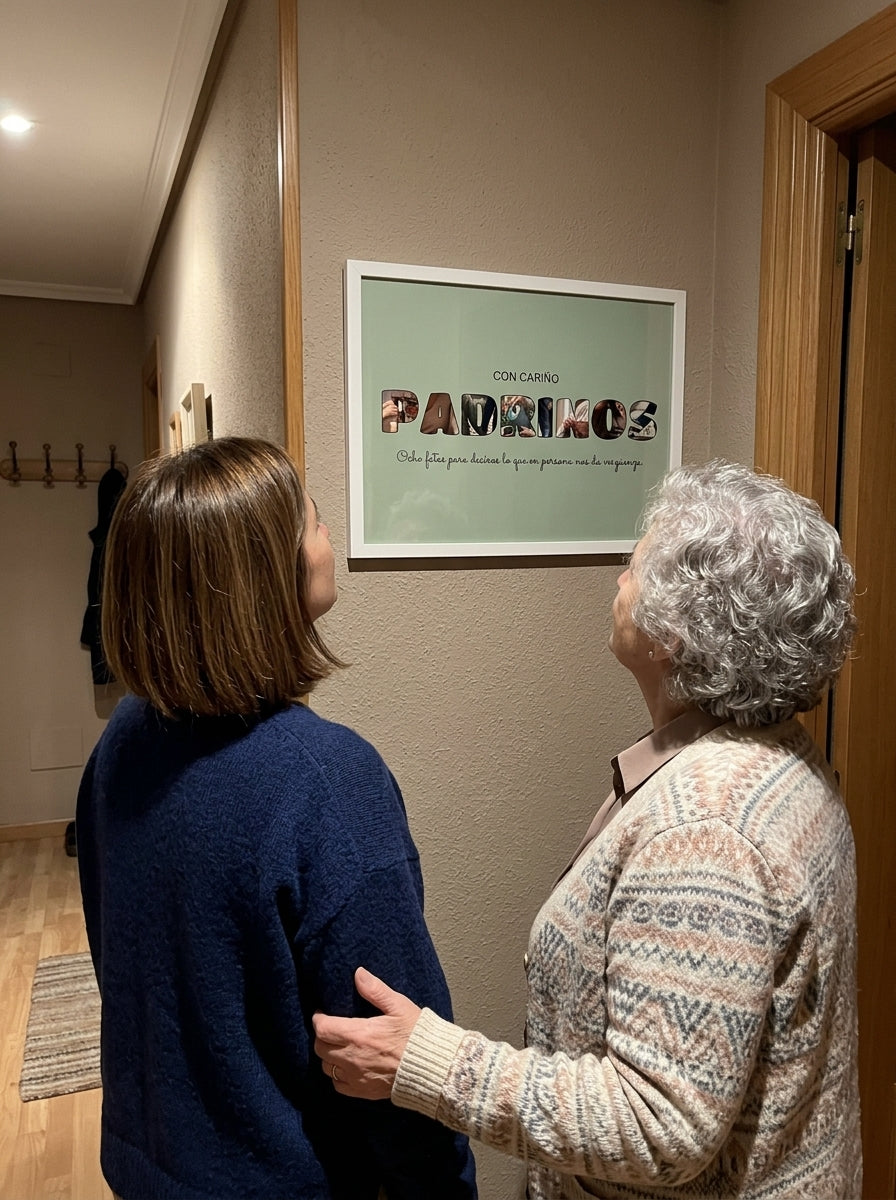 Los padrinos mirando el cuadro letras con fotos personalizado de bautizo recién colgado