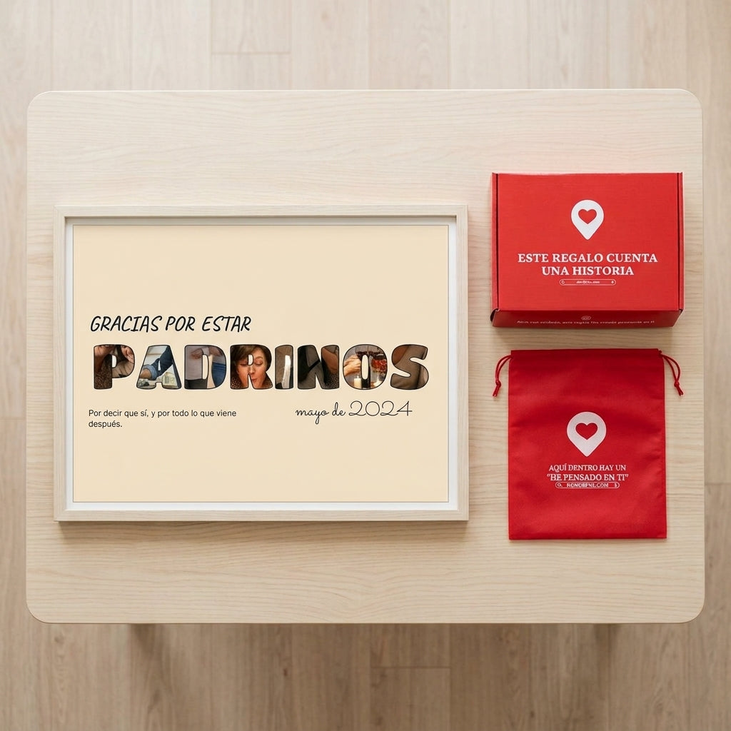 Cuadro letras con fotos personalizado de bautizo junto a la caja y la bolsa de regalo de Donde Fue