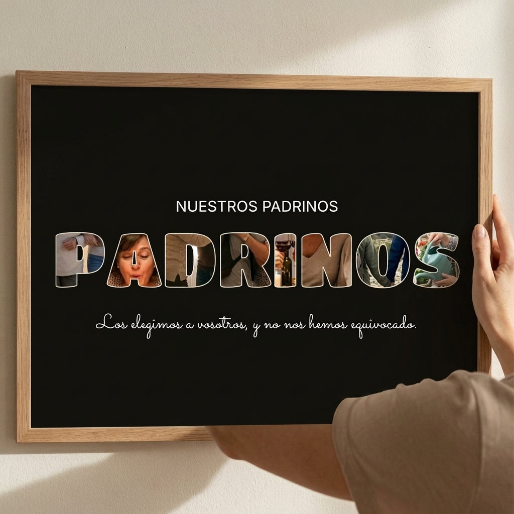 Enderezando el cuadro letras con fotos personalizado de bautizo recién colgado en la pared