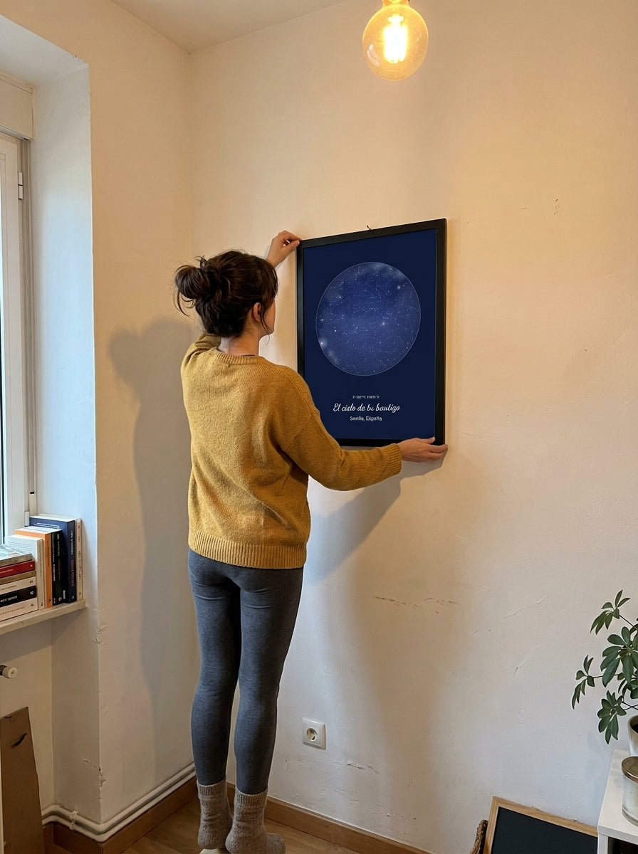Colgando el cuadro mapa estelar personalizado de bautizo en la pared de casa