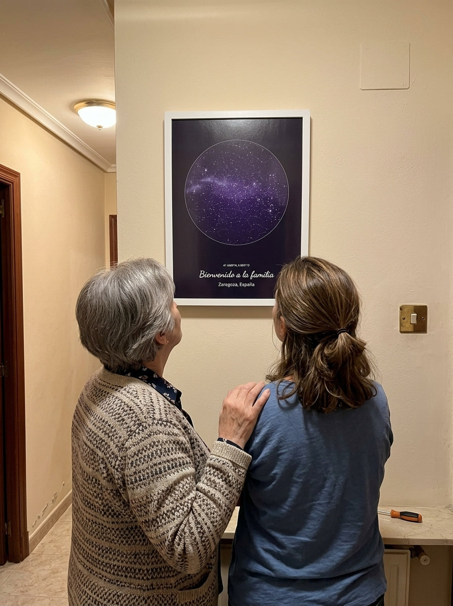 Los padrinos mirando el cuadro mapa estelar personalizado de bautizo recién colgado