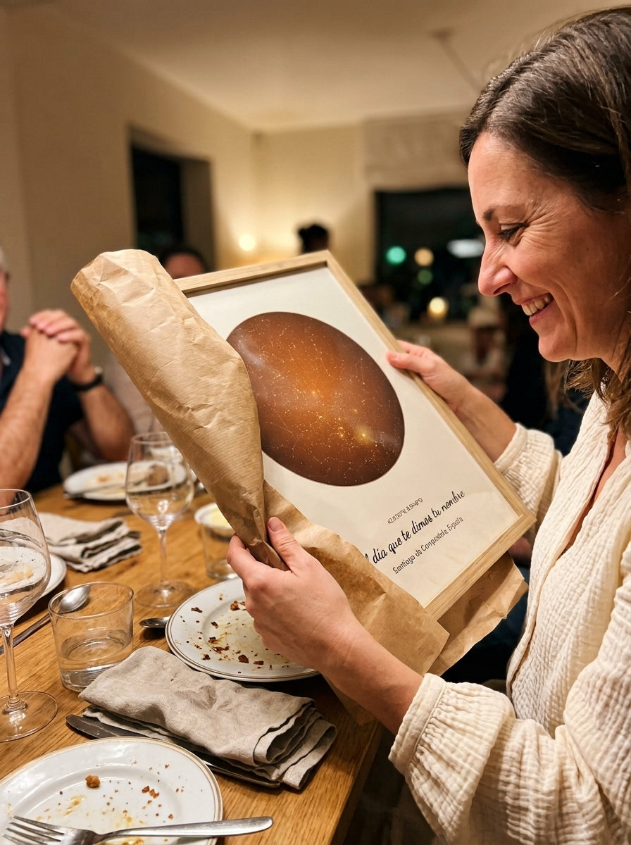 Abriendo el regalo del cuadro mapa estelar personalizado de bautizo en una comida familiar