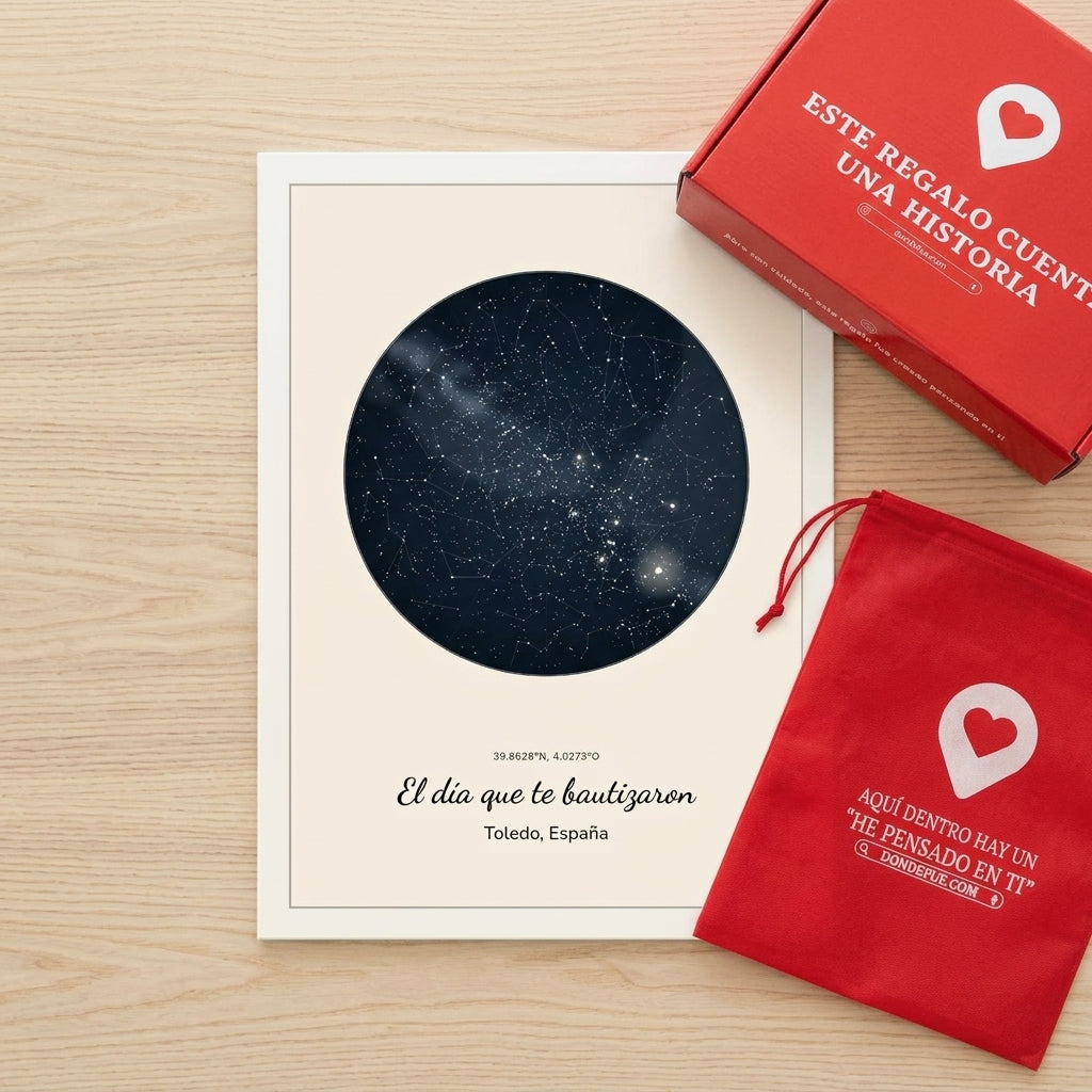 Cuadro mapa estelar personalizado de bautizo junto a la caja y la bolsa de regalo de Donde Fue