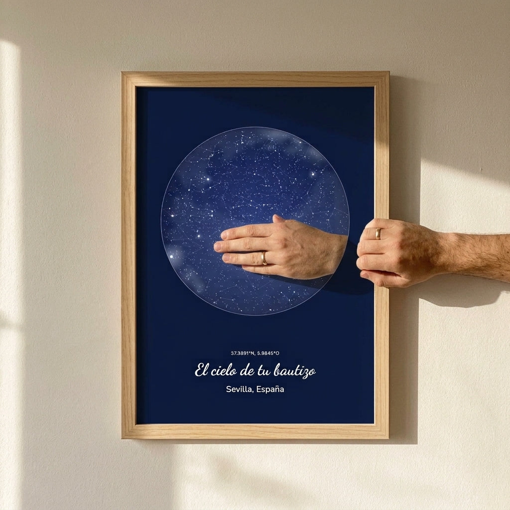 Enderezando el cuadro mapa estelar personalizado de bautizo recién colgado en la pared