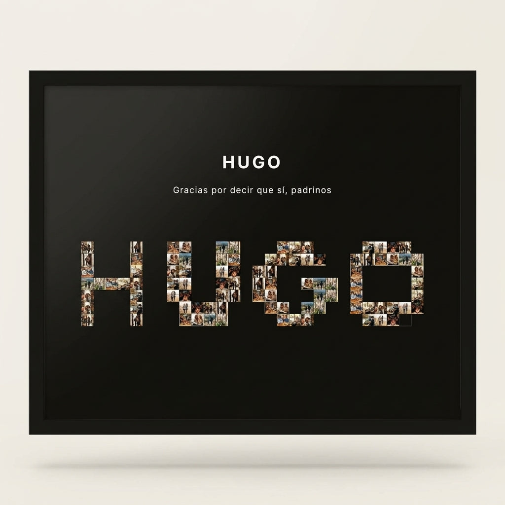 Cuadro nombre con fotos personalizado de bautizo con marco negro, foto de estudio sobre fondo neutro