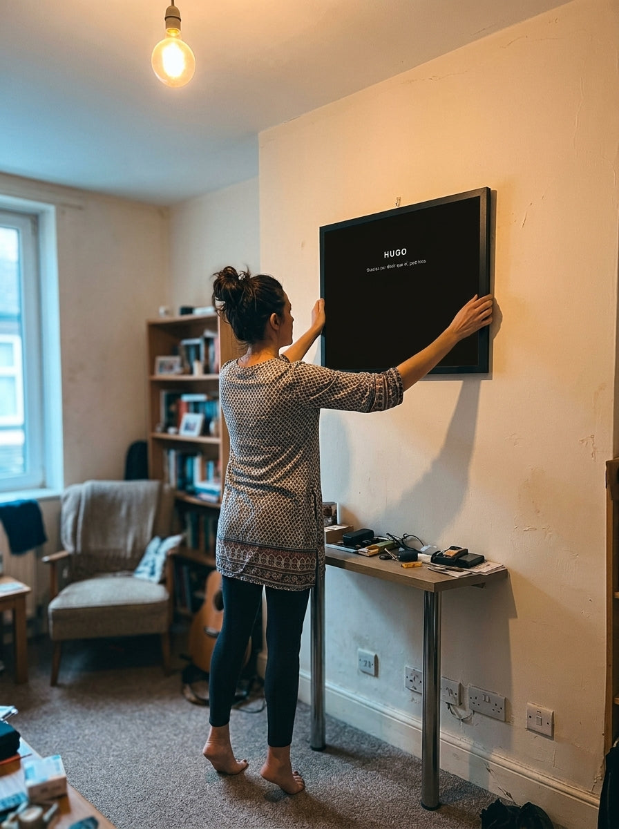 Colgando el cuadro nombre con fotos personalizado de bautizo en la pared de casa
