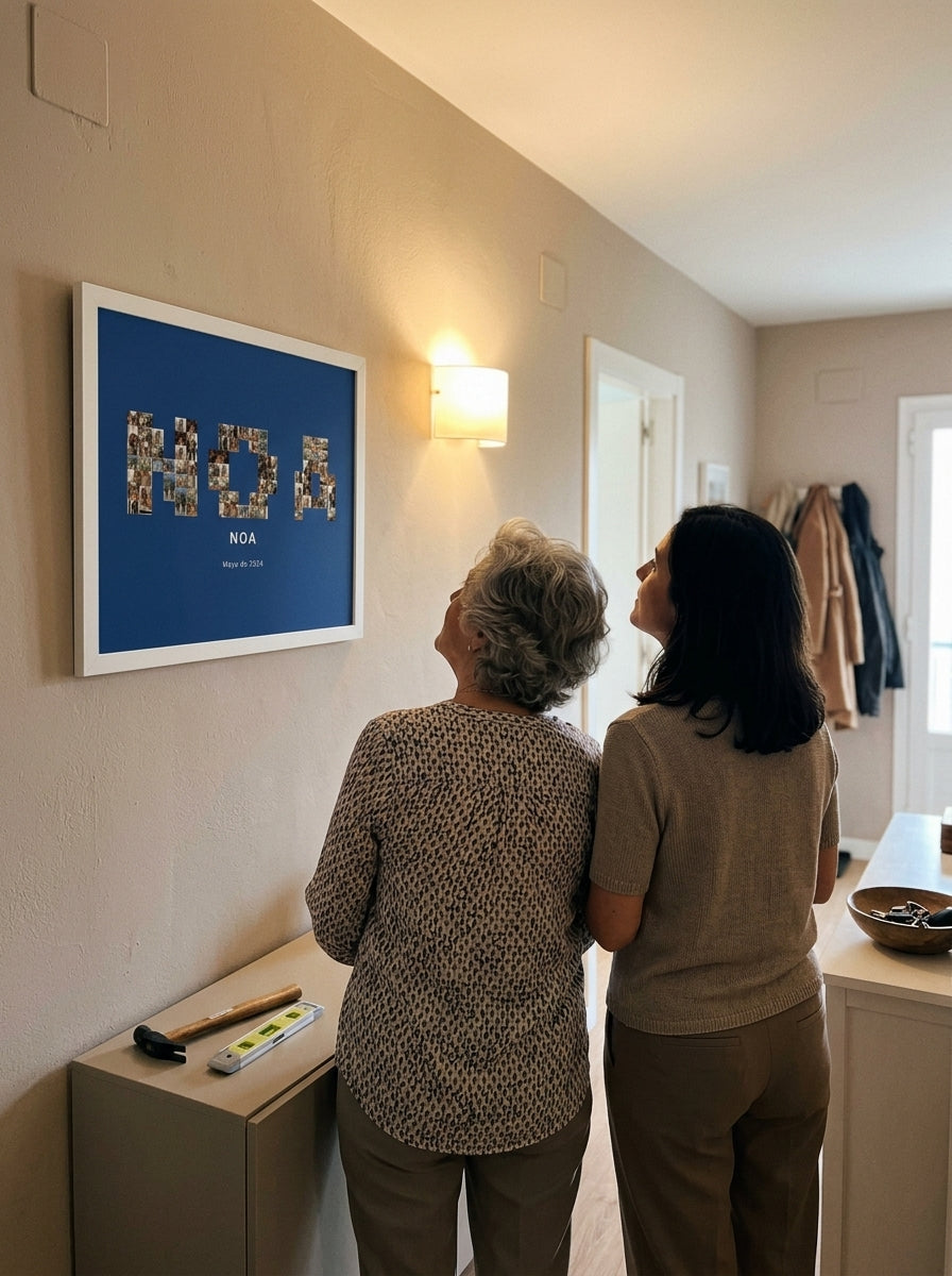Los padrinos mirando el cuadro nombre con fotos personalizado de bautizo recién colgado